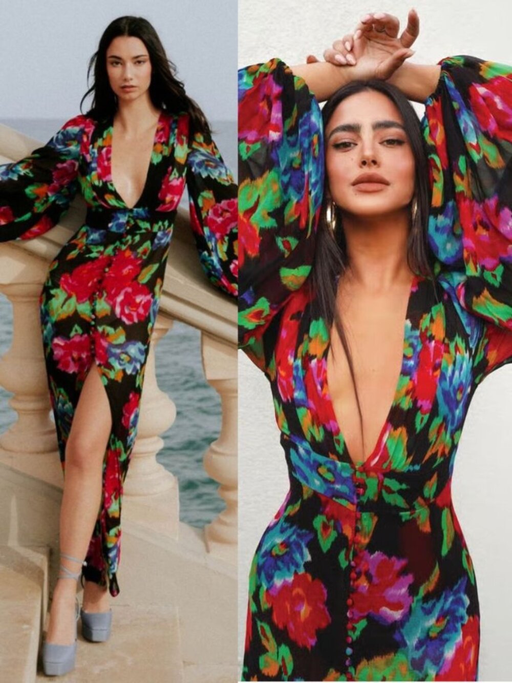 Rat & Boa Ferreira Dress Red Green Floral Print Blouson High Slit Maxi Size XXS